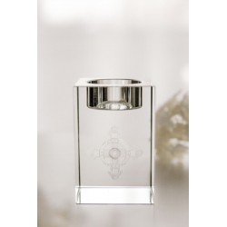 Teelichthalter aus Glas mit 3D Schutzkreuz Quader